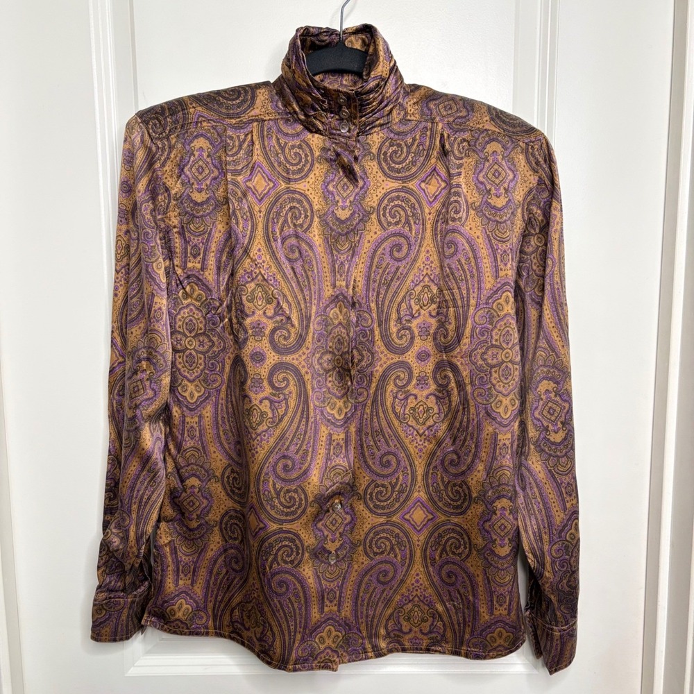 Baldanza Vintage 80s 100% Silk Paisley Ruched High Neck Blouse Gold Purple Sz: 2
